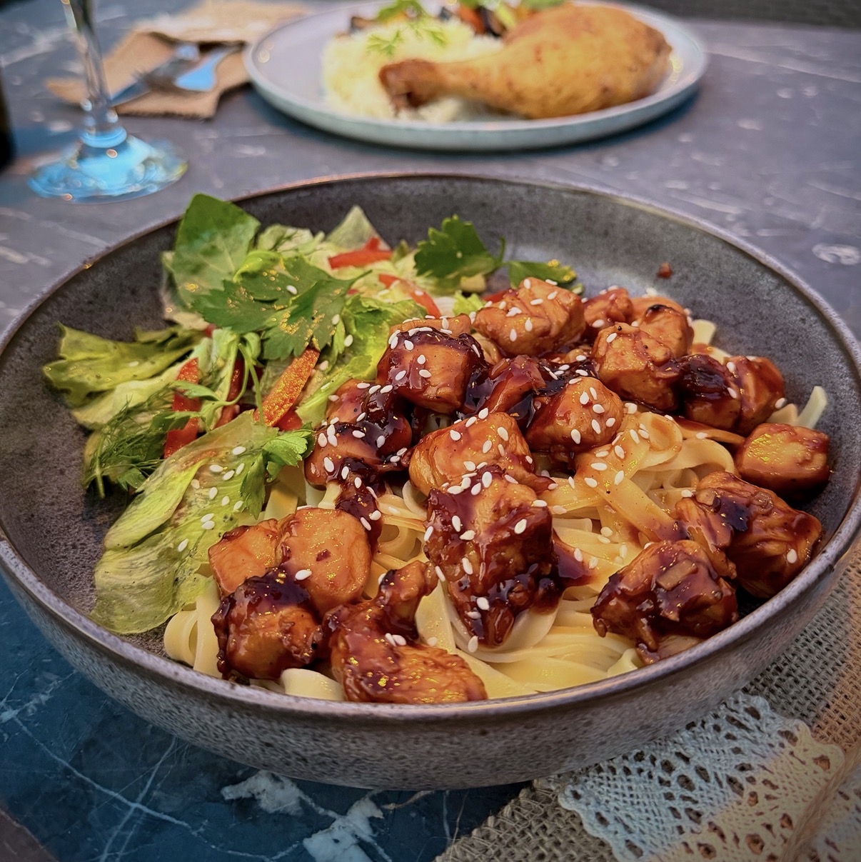 Teriyaki Chicken with fettuccine